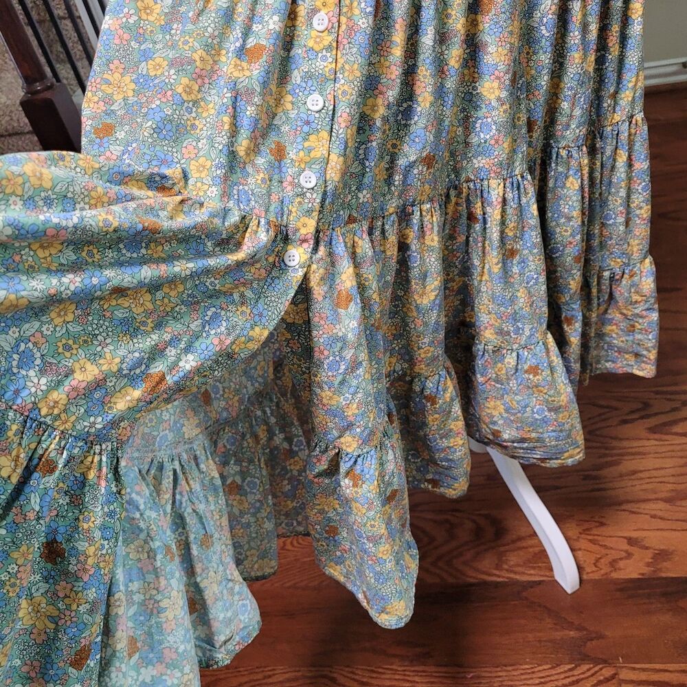 MABLE Cottagecore Tiered Maxi Shirt Dress Groovy Floral Print Spring Vacation - Picture 7 of 16